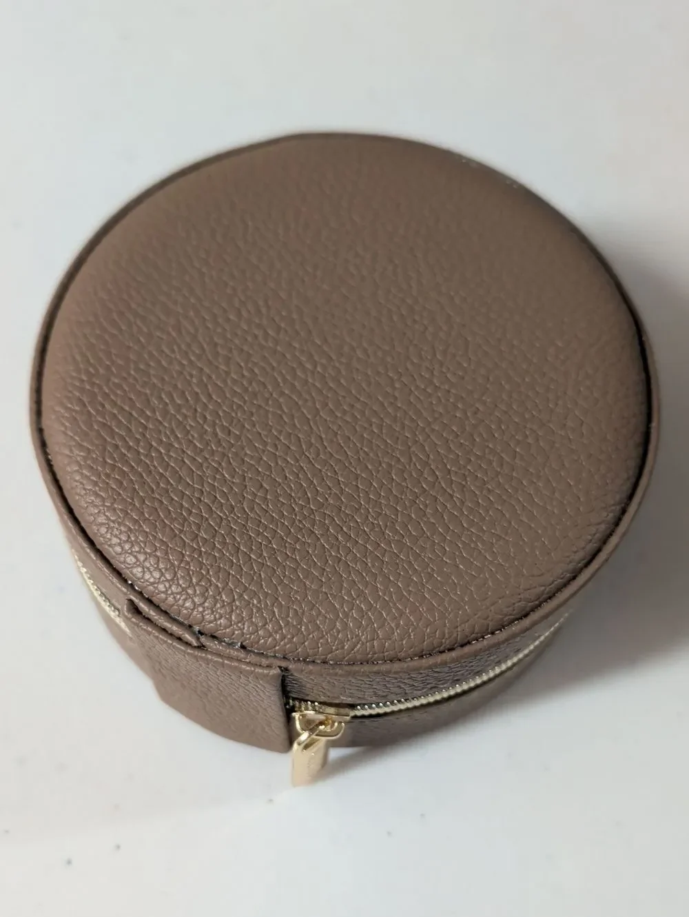 Round Taupe Travel Jewelry Case with Gold Zipper
